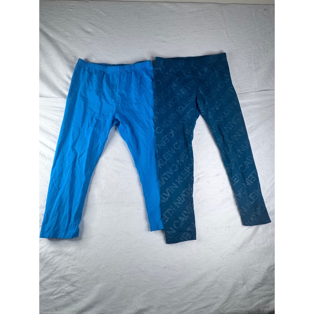 Calvin Klein Zelos Leggings Girls Size 7 /M Blue Bundle Good Logo Print Stretch